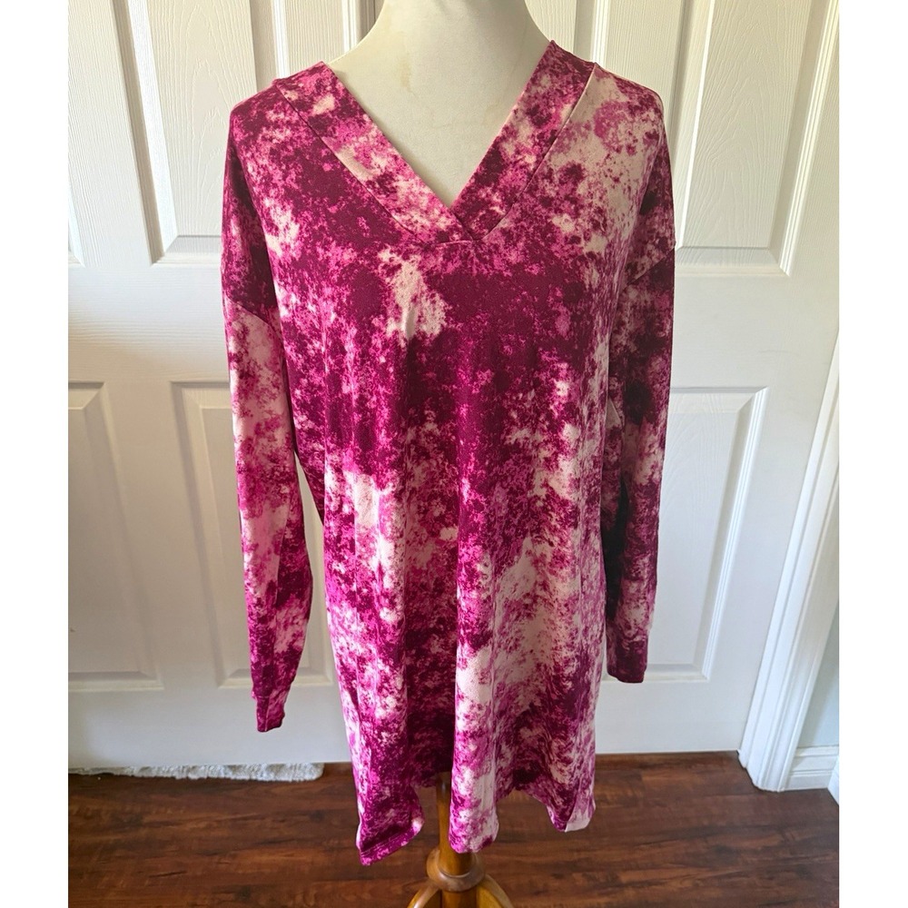 Jenni Intimates Womens M Pink Tie-Dye V-Neck Long Sleeve Knit Night Gown Sleep